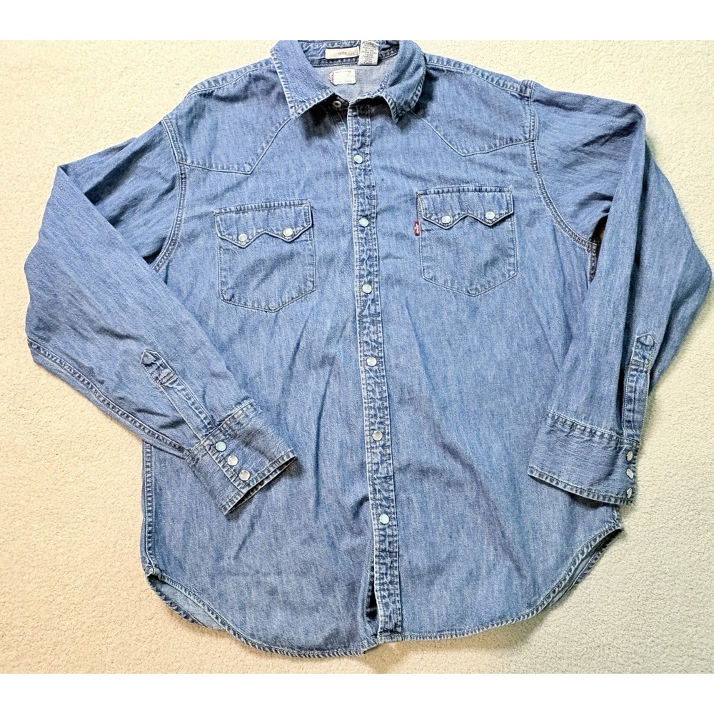 Levis Mens L Western Pearl Snap Denim Shirt Barstow Western Cowboy Fitted